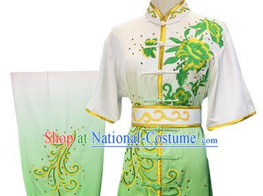 Chinese Martial Arts Embroidered Peony Gradient Green Outfits Wushu Kungfu Competition Clothing Kung Fu Garment Costumes