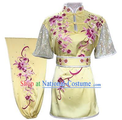 Chinese Kung Fu Garment Costumes Martial Arts Embroidered Peony Yellow Outfits Wushu Kungfu Competition Clothing