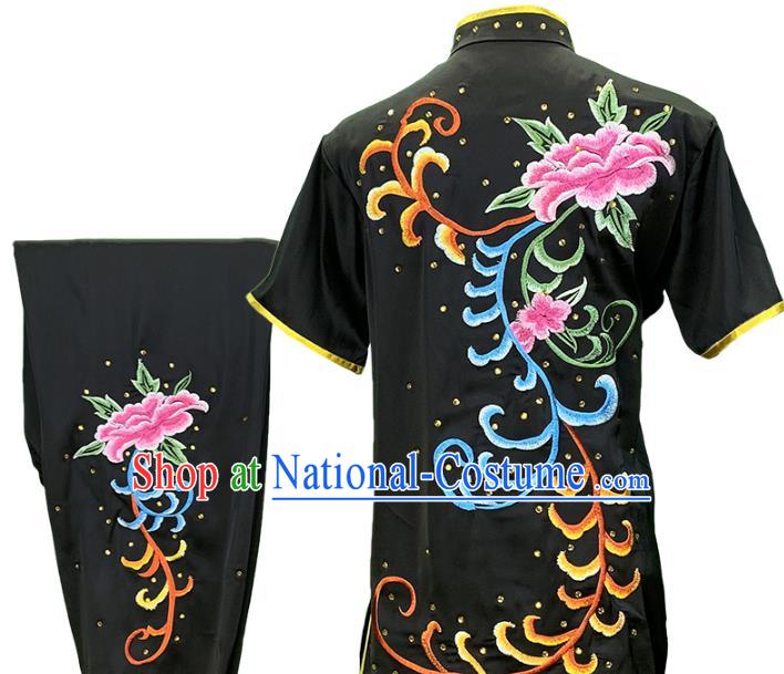 Chinese Martial Arts Wushu Embroidered Peony Black Outfits Kungfu Competition Clothing Kung Fu Garment Costumes