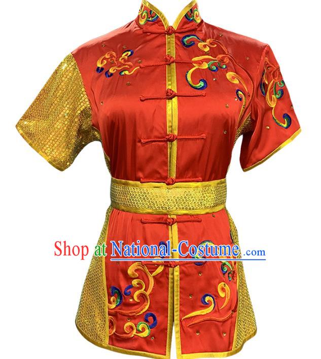 Chinese Martial Arts Wushu Embroidered Red Outfits Kungfu Competition Clothing Kung Fu Training Garment Costumes