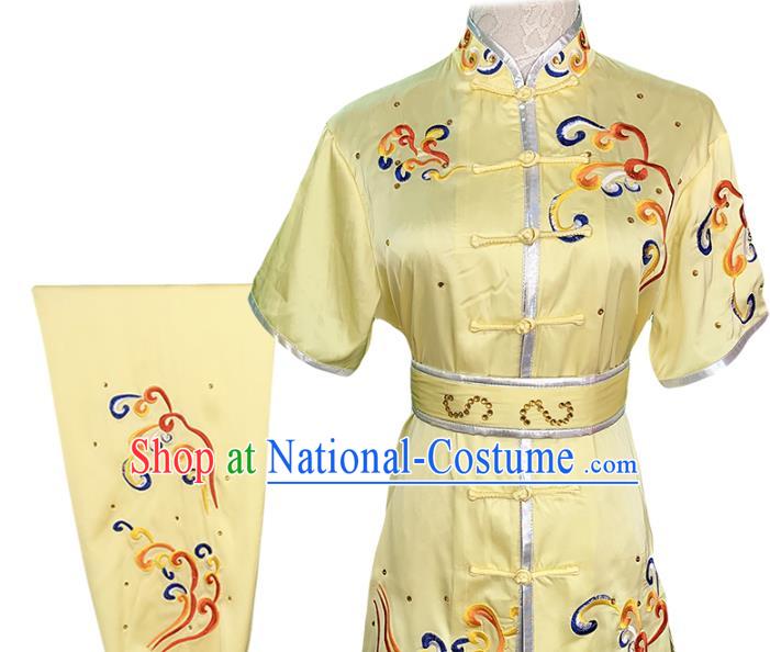 Chinese Kung Fu Training Garment Costumes Martial Arts Wushu Embroidered Yellow Outfits Kungfu Competition Clothing