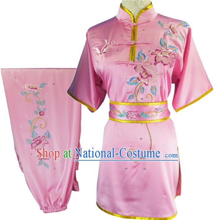 Chinese Kungfu Competition Clothing Chang Boxing Training Garment Costumes Martial Arts Wushu Embroidered Peony Pink Outfits