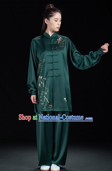 Chinese Tai Ji Training Garment Costumes Martial Arts Hand Painting Green Outfits Woman Tai Chi Competition Clothing