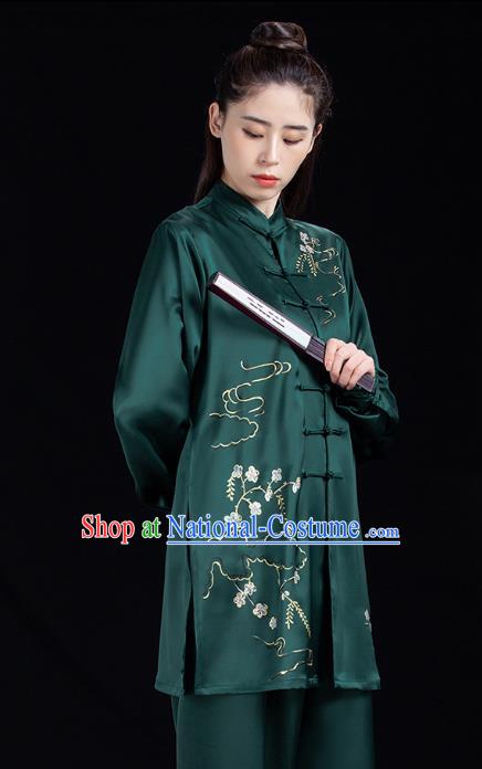 Chinese Tai Ji Training Garment Costumes Martial Arts Hand Painting Green Outfits Woman Tai Chi Competition Clothing