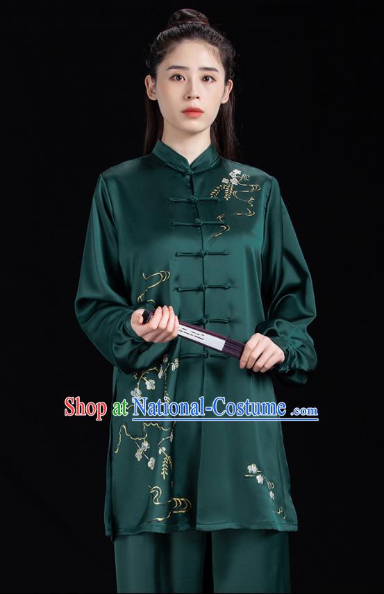 Chinese Tai Ji Training Garment Costumes Martial Arts Hand Painting Green Outfits Woman Tai Chi Competition Clothing