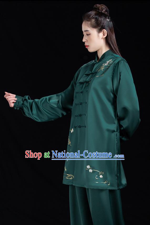 Chinese Tai Ji Training Garment Costumes Martial Arts Hand Painting Green Outfits Woman Tai Chi Competition Clothing