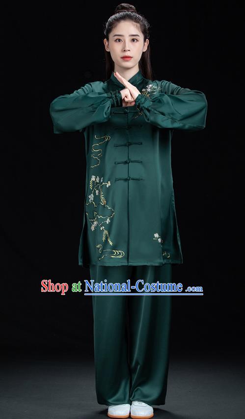 Chinese Tai Ji Training Garment Costumes Martial Arts Hand Painting Green Outfits Woman Tai Chi Competition Clothing