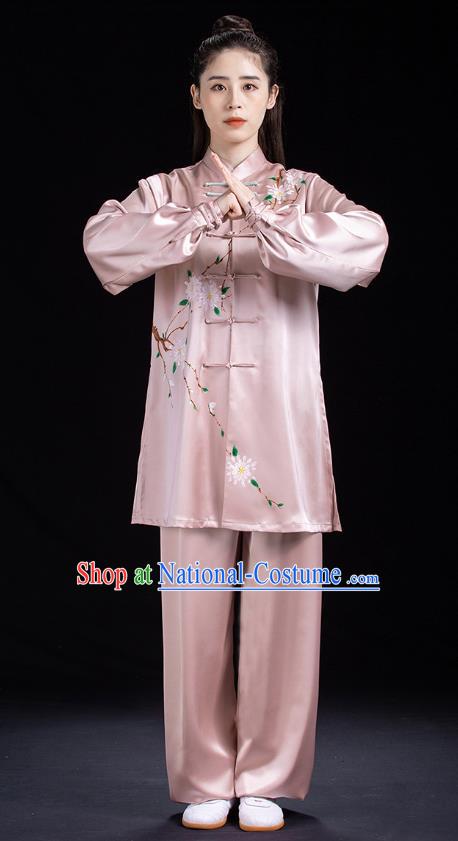 Chinese Woman Tai Chi Competition Clothing Tai Ji Training Garment Costumes Martial Arts Hand Painting Pink Outfits