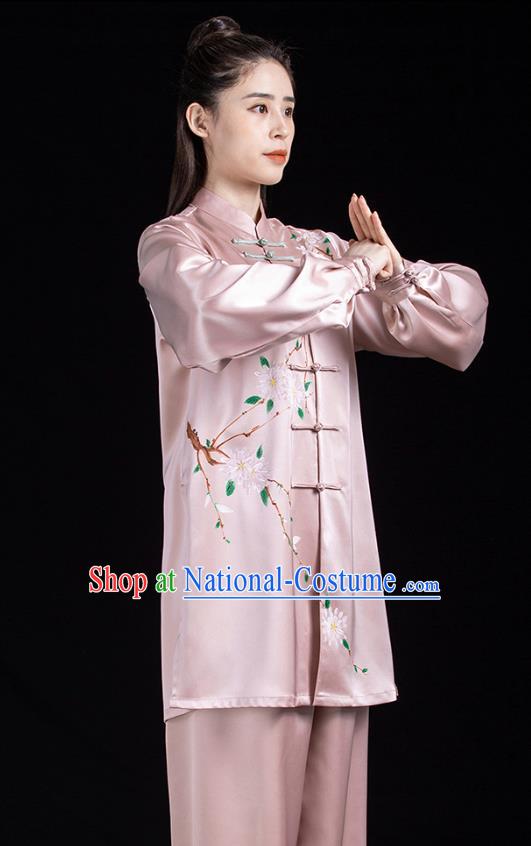 Chinese Woman Tai Chi Competition Clothing Tai Ji Training Garment Costumes Martial Arts Hand Painting Pink Outfits