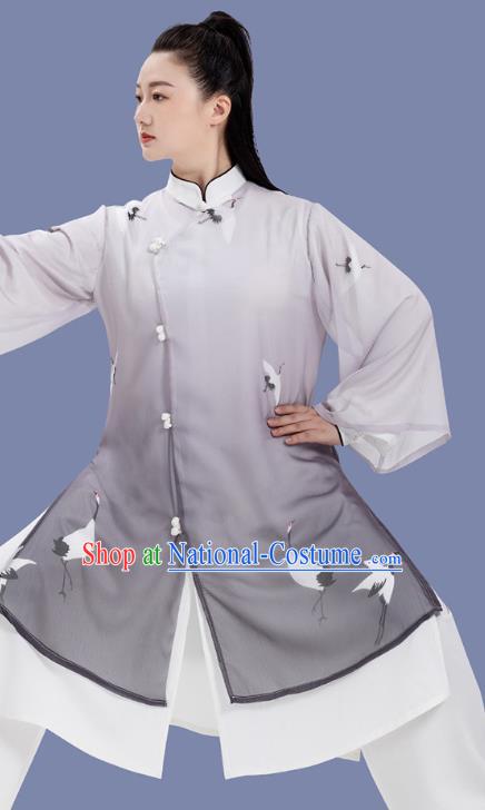 Chinese Martial Arts Hand Painting Cranes Grey Outfits Woman Tai Chi Competition Clothing Tai Ji Training Garment Costumes