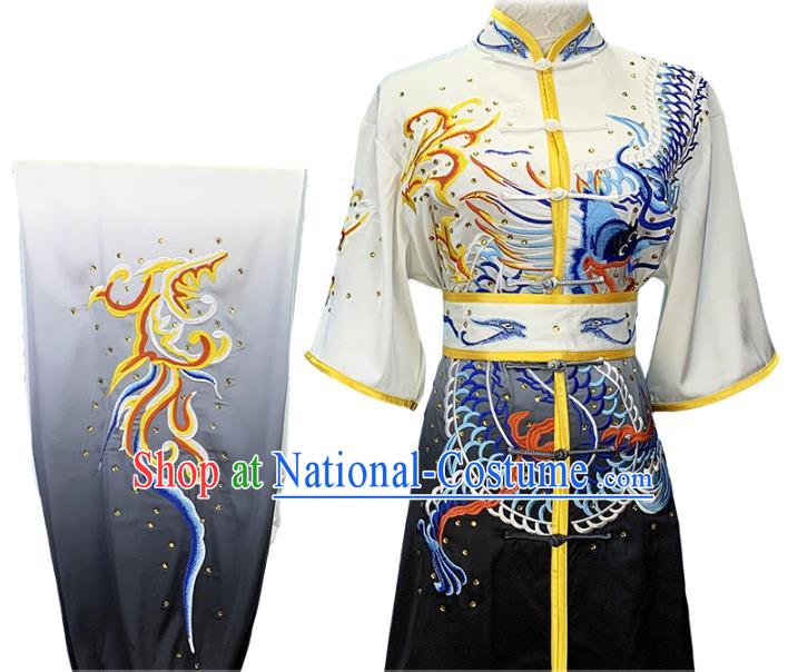 Top China Martial Arts Competition Clothing Kung Fu Embroidered Dragon Gradient Grey Uniforms Wushu Performance Garment Costumes