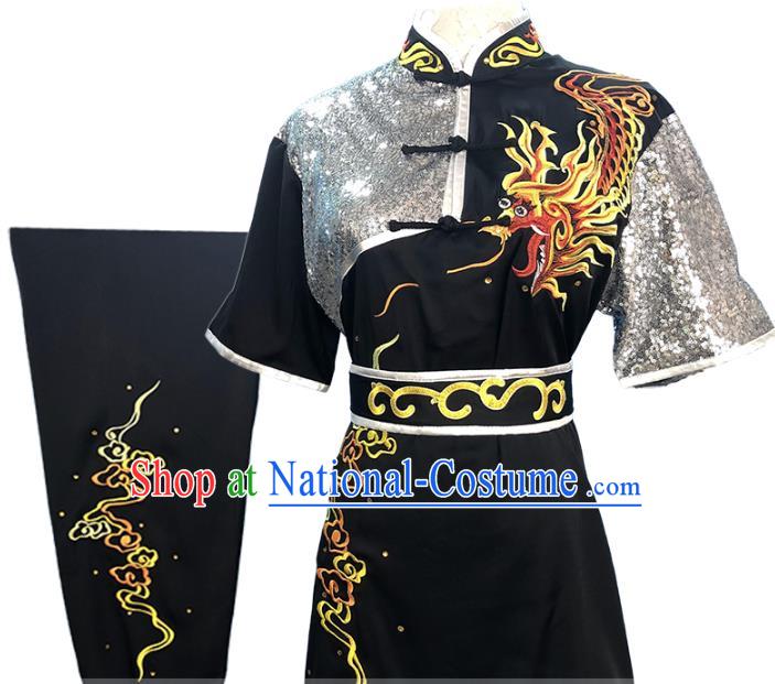 Top Chinese Wushu Performance Embroidered Dragon Black Outfits Kung Fu Garment Costume Traditional Martial Arts Competition Clothing