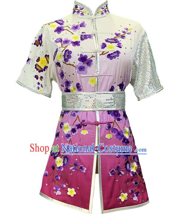 China Woman Kung Fu Clothing Martial Arts Embroidered Plum Gradient Rosy Uniforms Wushu Competition Garment Costume