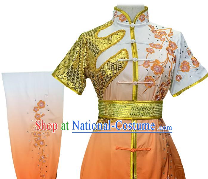 China Wushu Competition Garment Costume Woman Kung Fu Clothing Martial Arts Embroidered Plum Gradient Orange Uniforms