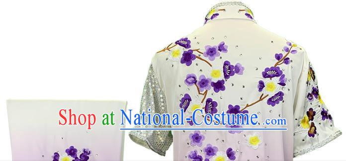 China Woman Kung Fu Clothing Martial Arts Embroidered Plum Gradient Rosy Uniforms Wushu Competition Garment Costume