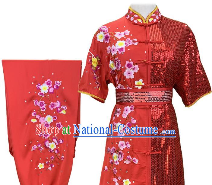 China Martial Arts Embroidered Plum Gradient Red Uniforms Wushu Competition Garment Costume Woman Kung Fu Clothing