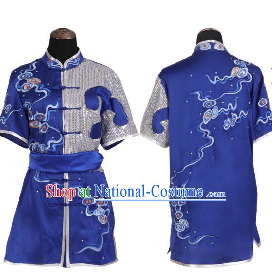 China Southern Boxing Garment Costumes Wushu Training Uniforms Martial Arts Clothing Kung Fu Embroidered Cloud Royalblue Suits