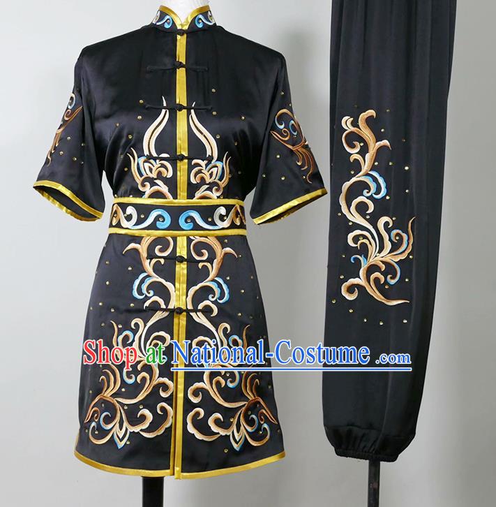 China Martial Arts Garment Costumes Kung Fu Tai Ji Performance Black Suits Changquan Boxing Competition Embroidered Uniforms