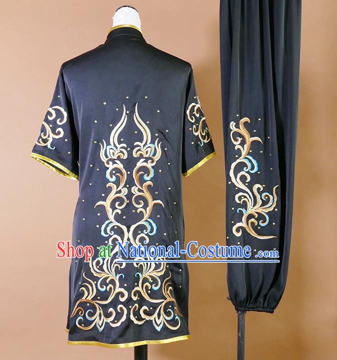 China Martial Arts Garment Costumes Kung Fu Tai Ji Performance Black Suits Changquan Boxing Competition Embroidered Uniforms