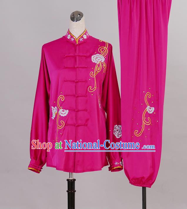 Chinese Tai Chi Sword Performance Suits Martial Arts Competition Embroidered Butterfly Rosy Outfits Tai Ji Training Clothing