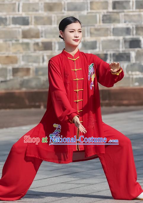 Chinese Martial Arts Garment Kung Fu Competition Embroidered Red Suits Tai Ji Performance Outfits Tai Chi Clothing