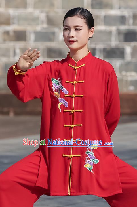 Chinese Martial Arts Garment Kung Fu Competition Embroidered Red Suits Tai Ji Performance Outfits Tai Chi Clothing