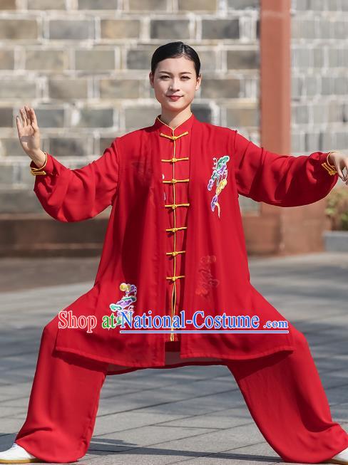 Chinese Martial Arts Garment Kung Fu Competition Embroidered Red Suits Tai Ji Performance Outfits Tai Chi Clothing