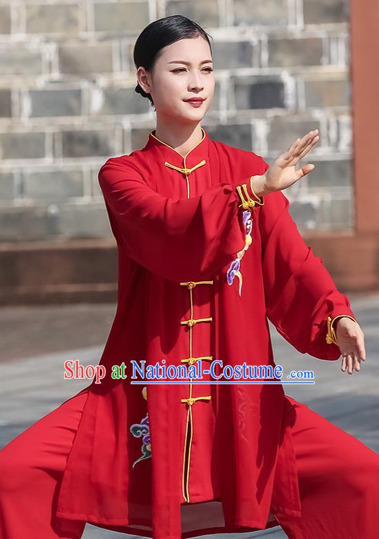 Chinese Martial Arts Garment Kung Fu Competition Embroidered Red Suits Tai Ji Performance Outfits Tai Chi Clothing