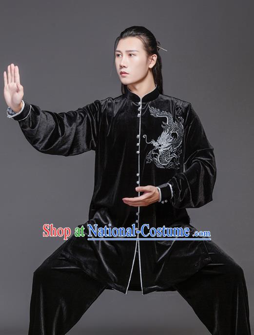 China Tai Chi Garment Costumes Wushu Training Uniforms Martial Arts Clothing Tai Ji Performance Embroidered Dragon Black Velvet Suits