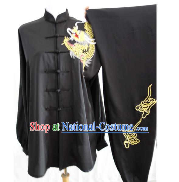 China Wushu Training Uniforms Martial Arts Clothing Tai Ji Performance Embroidered Dragon Black Suits Tai Chi Garment Costumes