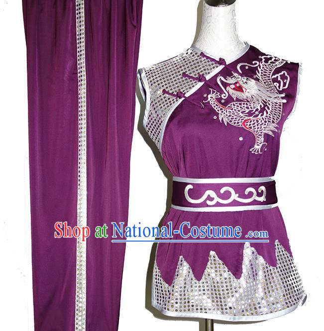 China Nanquan Boxing Training Suits Tai Chi Garment Costumes Wushu Kung Fu Purple Uniforms Martial Arts Embroidered Clothing