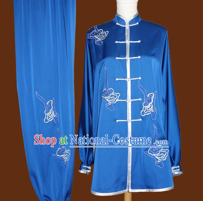 China Wushu Kung Fu Royalblue Uniforms Tai Chi Garment Costumes Martial Arts Embroidered Cloud Clothing Nanquan Boxing Training Suits