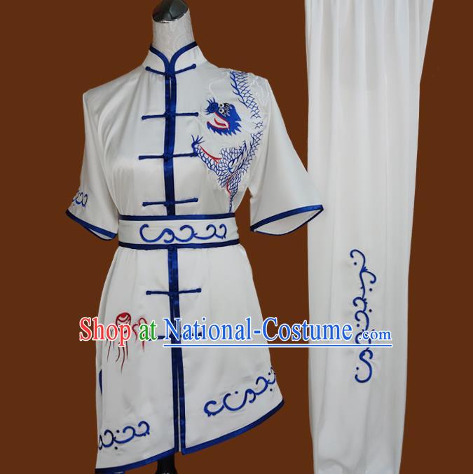 China Nanquan Boxing Training Suits Wushu Kung Fu White Uniforms Tai Chi Garment Costumes Martial Arts Embroidered Dragon Clothing