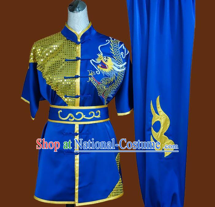 China Kung Fu Uniforms Wushu Kongfu Sequins Garment Costumes Martial Arts Embroidered Dragon Clothing Nanquan Boxing Training Royalblue Suits