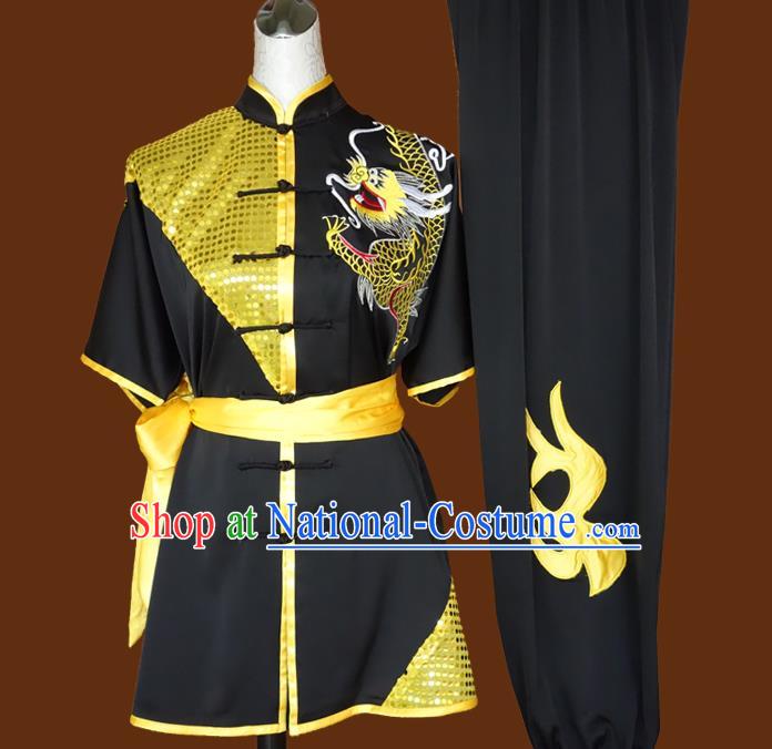 China Nanquan Boxing Training Black Suits Kung Fu Uniforms Wushu Kongfu Sequins Garment Costumes