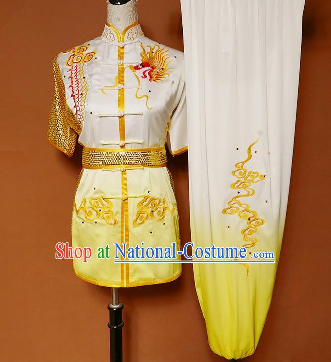 China Wushu Kongfu Sequins Garment Costumes Nanquan Boxing Training Yellow Suits Kung Fu Competition Uniforms