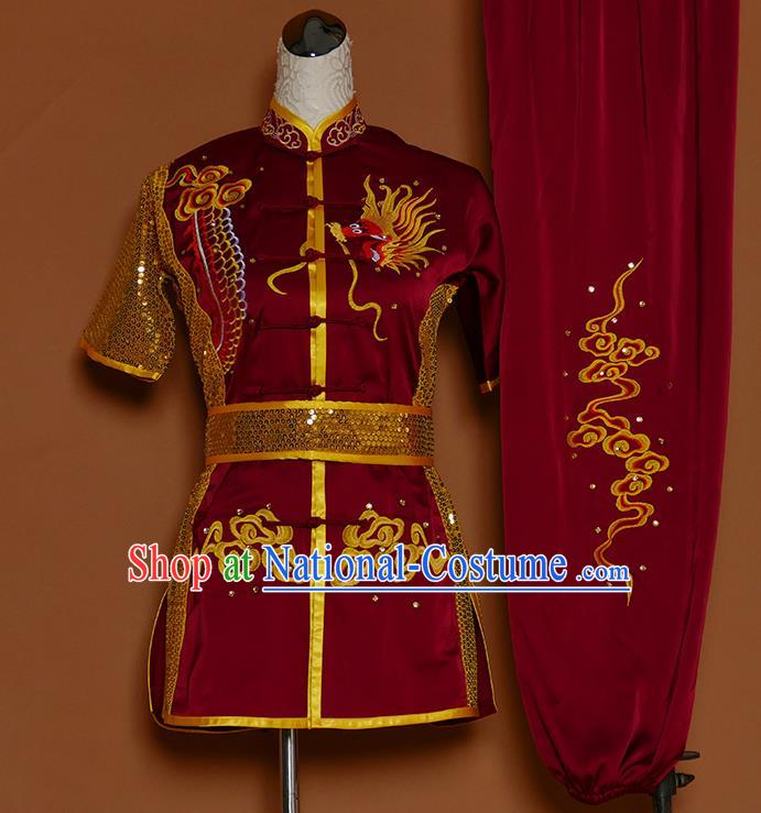 China Nanquan Boxing Training Wine Red Suits Kung Fu Competition Uniforms Wushu Kongfu Sequins Garment Costumes