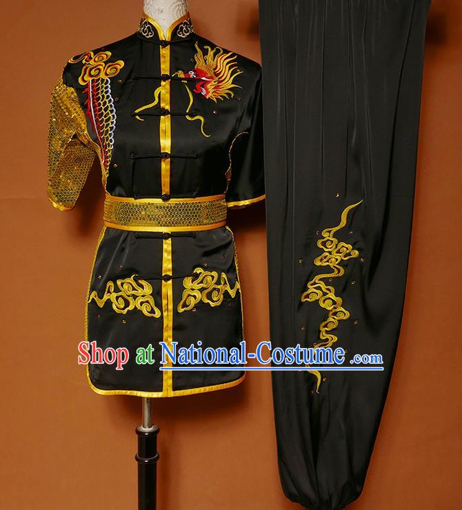 China Kung Fu Competition Uniforms Wushu Kongfu Sequins Garment Costumes Nanquan Boxing Training Black Suits