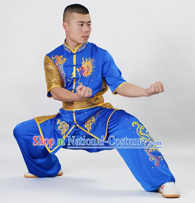 China Wushu Kongfu Sequins Garment Costumes Nanquan Boxing Training Suits Kung Fu Competition Royalblue Uniforms