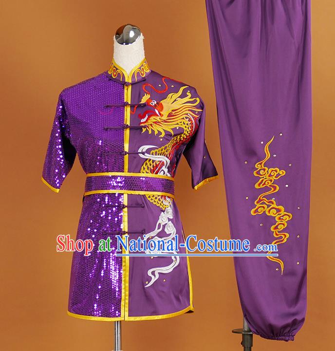 China Kung Fu Competition Purple Sequins Uniforms Wushu Kongfu Garment Costumes Nanquan Boxing Training Embroidered Suits