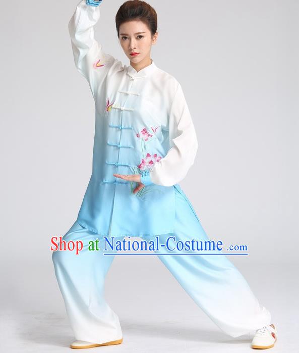 China Tai Ji Training Embroidered Lotus Blue Suits Tai Chi Martial Arts Clothing Kung Fu Competition Outfits