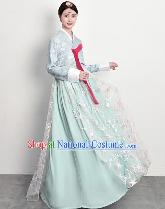 Traditional Korean Palace Princess Blue Blouse and Dress Outfits Asian Court Dress Korea Ancient Female Garment Costumes