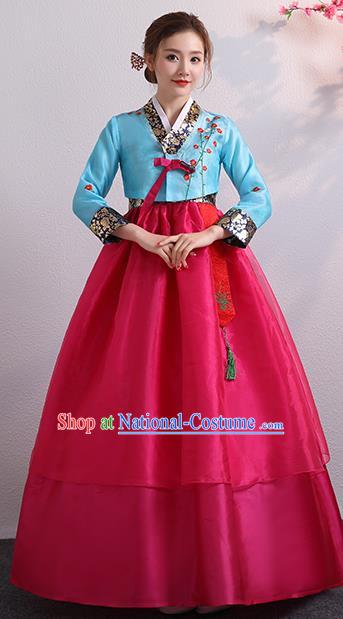 Korea Ancient Court Garment Costumes Korean Palace Princess Embroidered Blue Blouse and Rosy Dress Traditional Wedding Outfits Asian Bride Dress