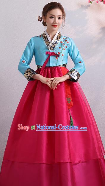 Korea Ancient Court Garment Costumes Korean Palace Princess Embroidered Blue Blouse and Rosy Dress Traditional Wedding Outfits Asian Bride Dress