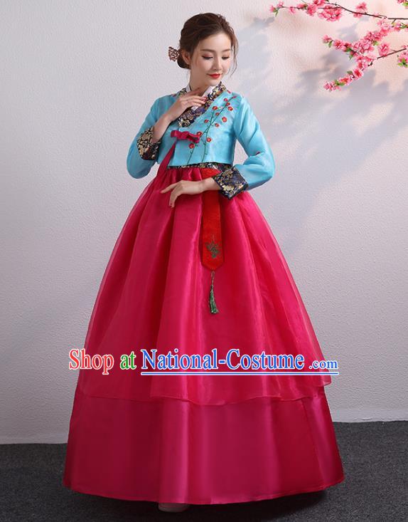 Korea Ancient Court Garment Costumes Korean Palace Princess Embroidered Blue Blouse and Rosy Dress Traditional Wedding Outfits Asian Bride Dress