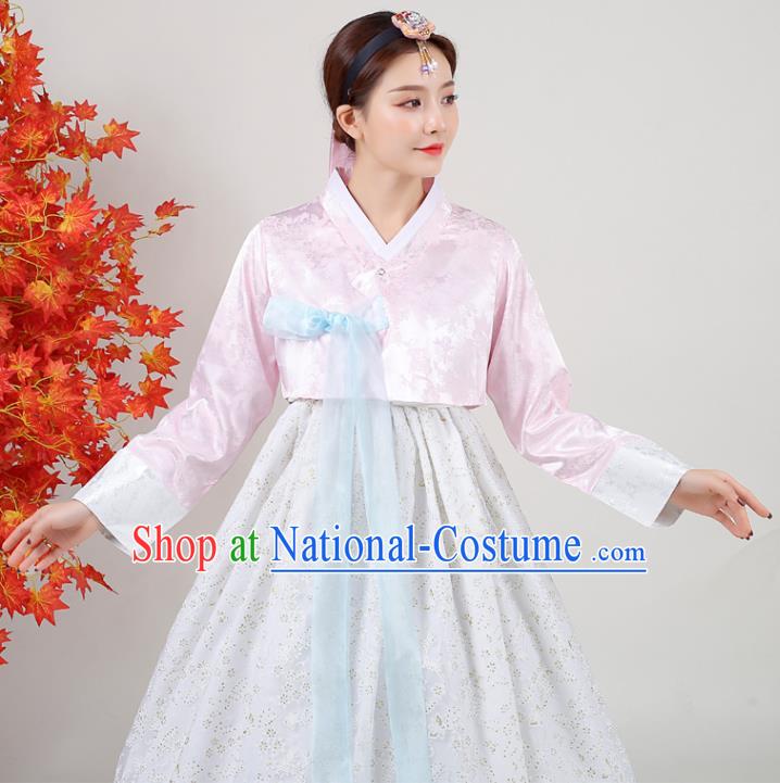 Asian Korea Traditional Wedding Dress Ancient Bride Garment Costumes Korean Court Hanbok Pink Blouse and White Dress Classical Dance Outfits