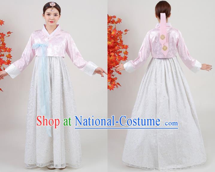 Asian Korea Traditional Wedding Dress Ancient Bride Garment Costumes Korean Court Hanbok Pink Blouse and White Dress Classical Dance Outfits