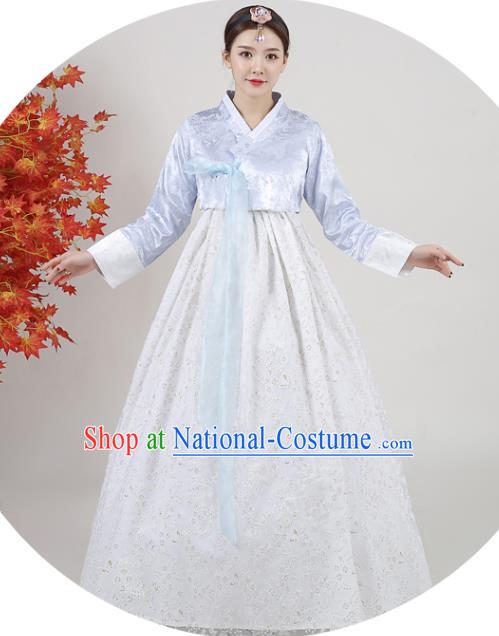 Asian Korea Classical Dance Outfits Traditional Wedding Dress Ancient Bride Garment Costumes Korean Court Hanbok Blue Blouse and White Dress