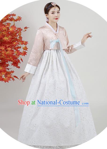 Korean Ancient Bride Garment Costumes Court Hanbok Champagne Blouse and White Dress Asian Korea Classical Dance Outfits Traditional Wedding Dress