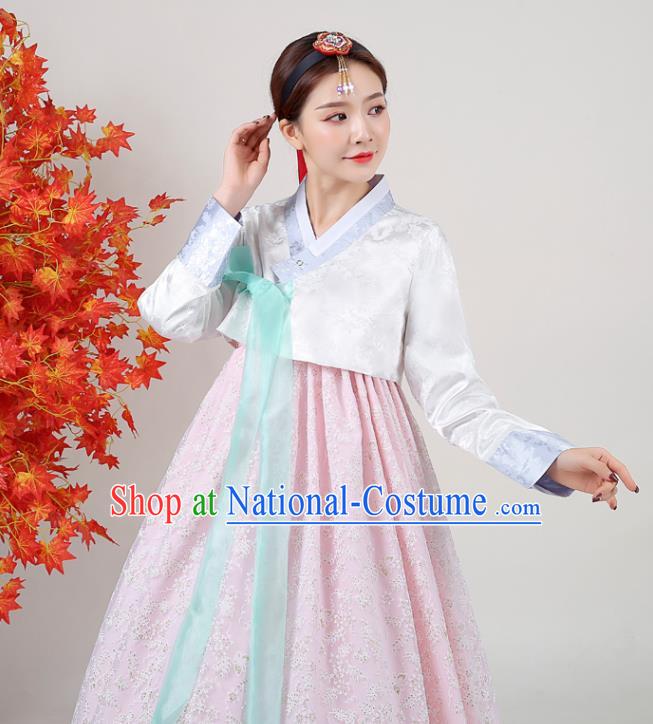 Asian Korea Classical Dance Outfits Korean Traditional Wedding Dress Ancient Bride Garment Costumes Court White Blouse and Pink Dress